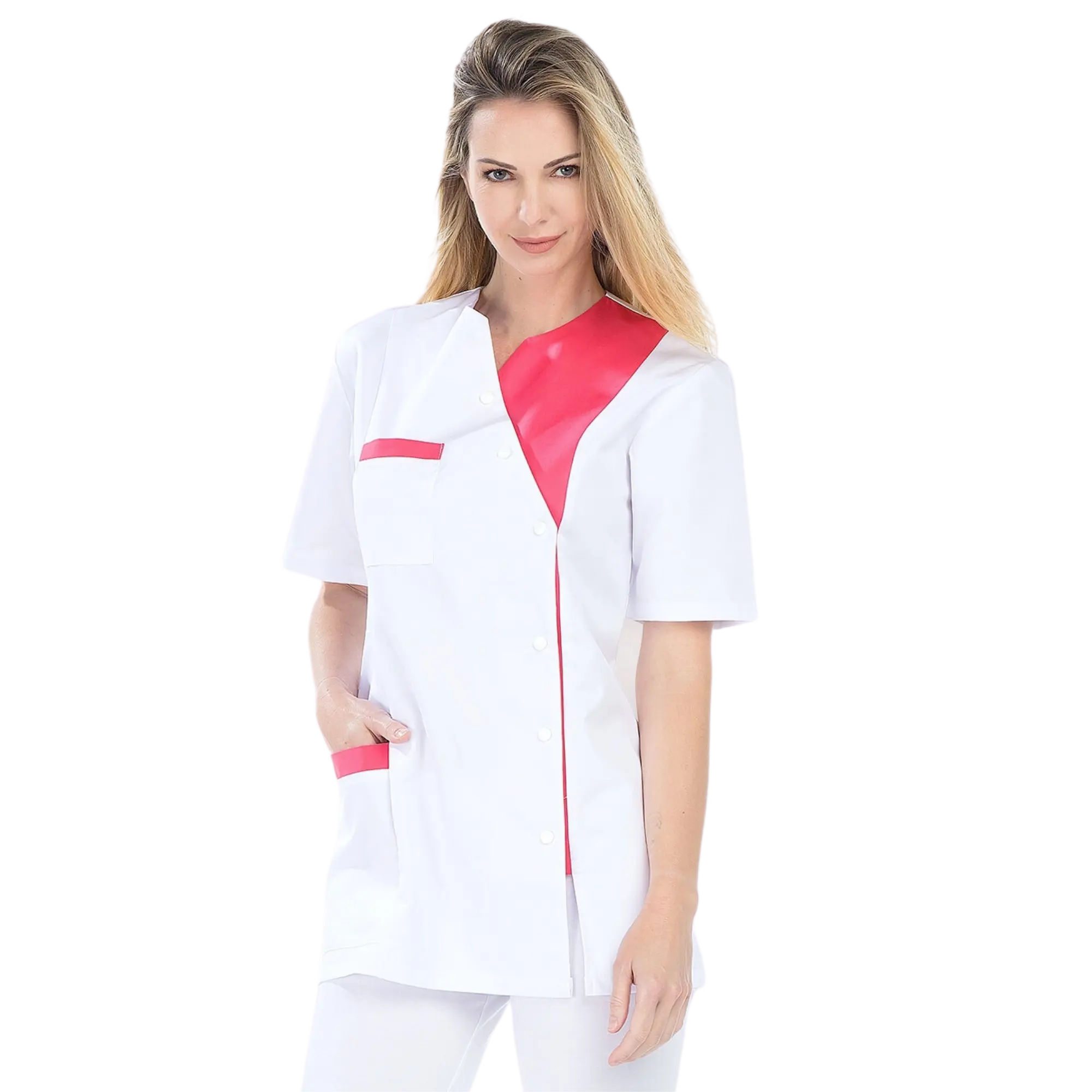 Agathe – Tunika – Kurzarm – Damen – 75 cm My Bluse Twill-Weiß-Fuschia-T6-XXXL