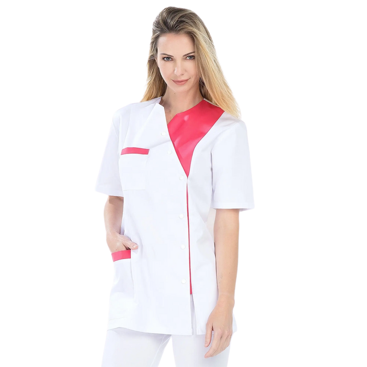 Agathe – Tunika – Kurzarm – Damen – 75 cm My Bluse Twill-Weiß-Fuschia-T6-XXXL