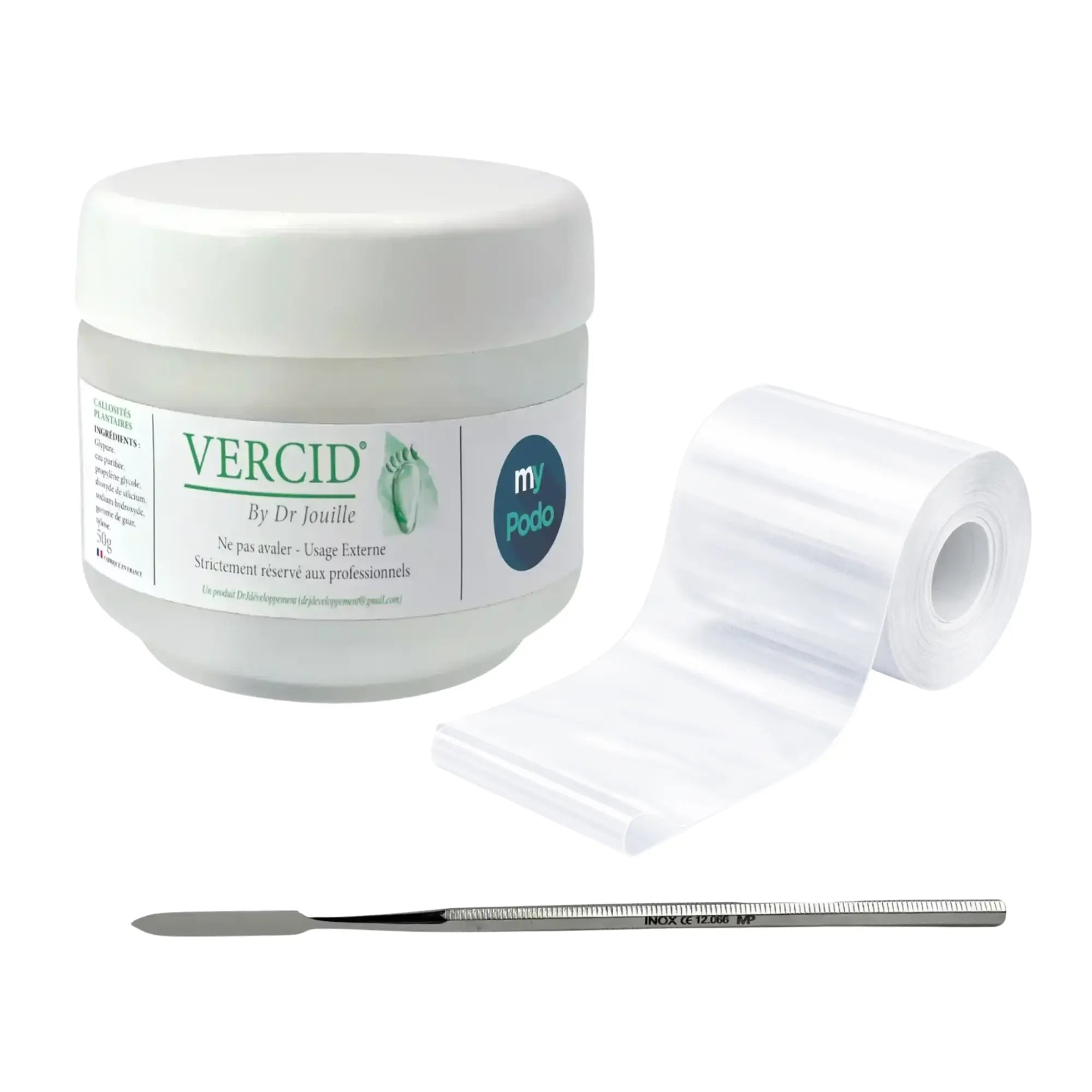 Kit Vercid del Dr Jouille - Barattolo da 50 g + Spatola per cemento + Rotolo di medicazione adesiva trasparente Vercid del Dr Jouille 